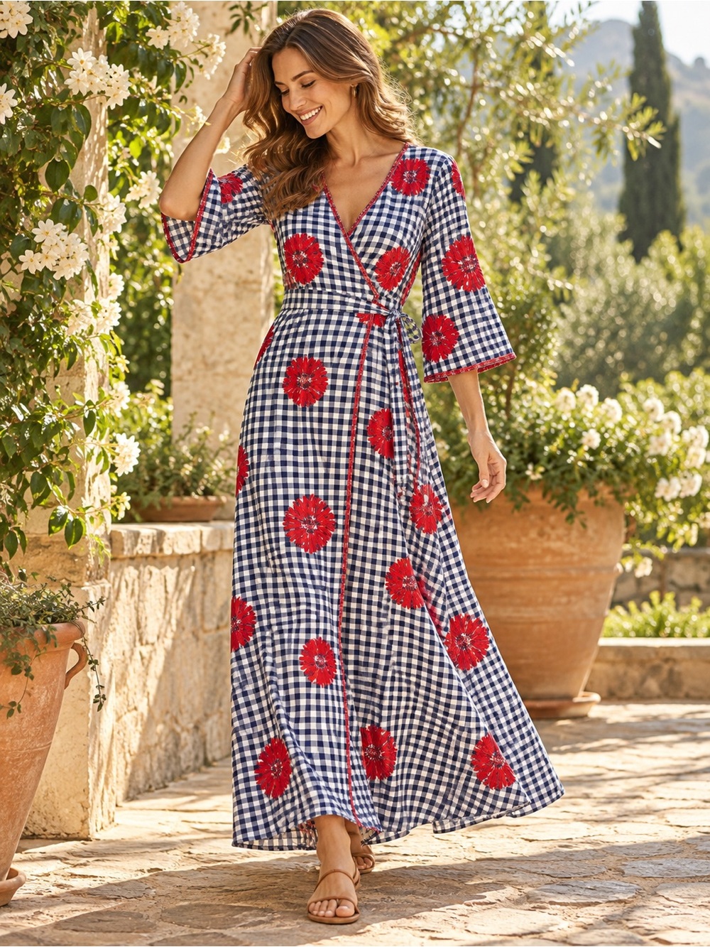 Nimo With Love Clover Club Gingham Floral Embroidered Wrap Maxi Dress Medium